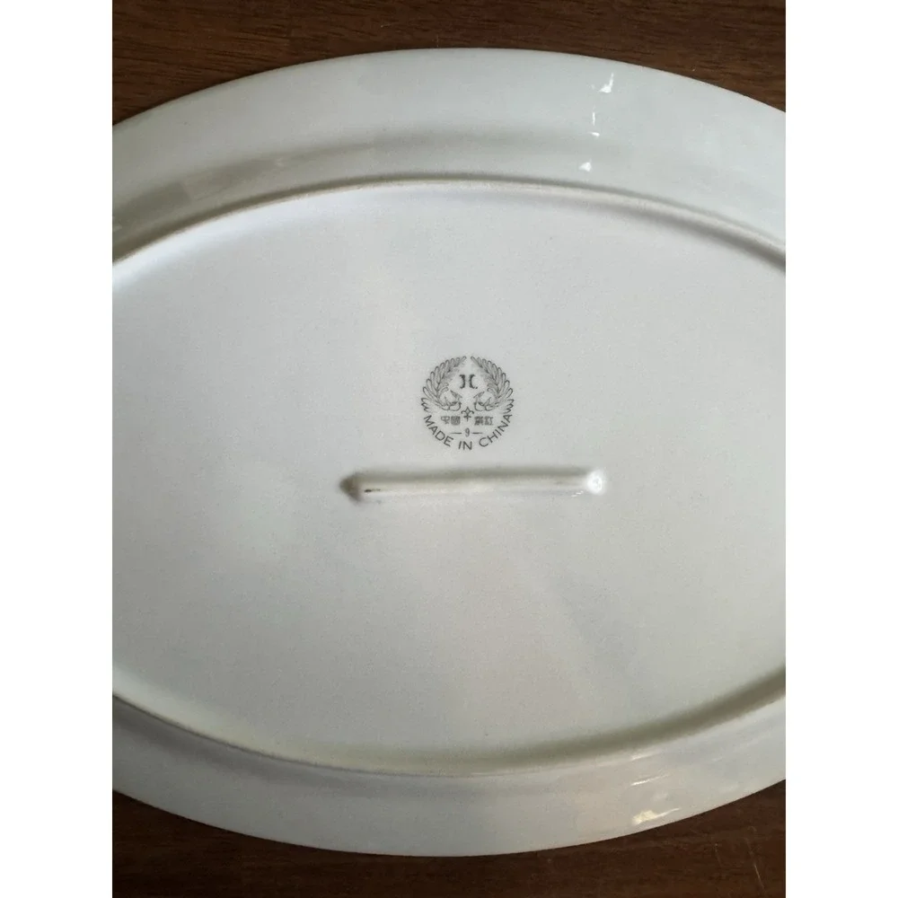 Oval Floral Ceramic Platter White Green Beige Butterfly Theme Made China